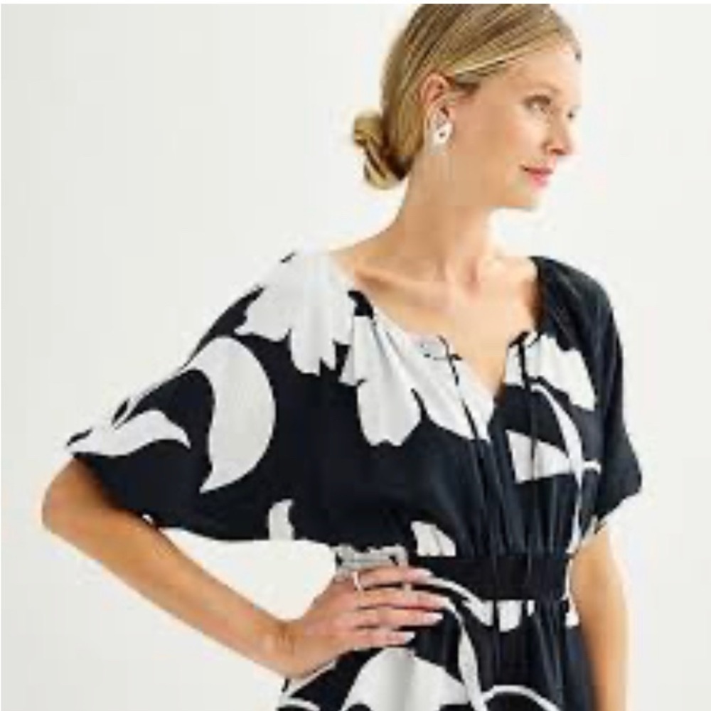 Nine West Puff Sleeve Tie V-Neck Cinched Waist Mini Dress Black White Floral 2X